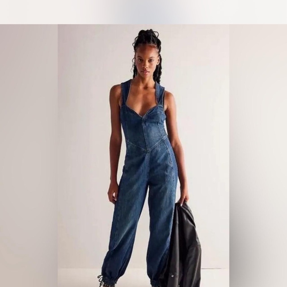 Free people match point denim jumpsuit